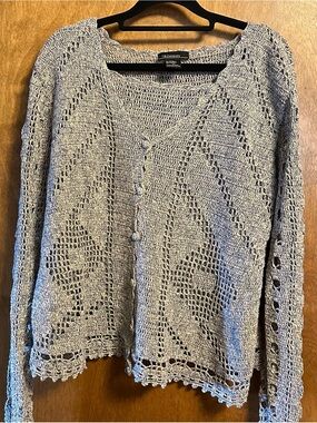 Crochet Button-Front Scoop Neck Sweater Denim Blue